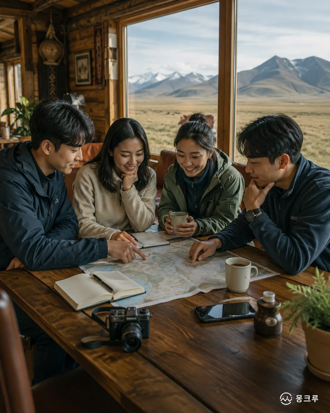 지도를 펼쳐 놓고 몽골 일정을 함께 계획하는 크루